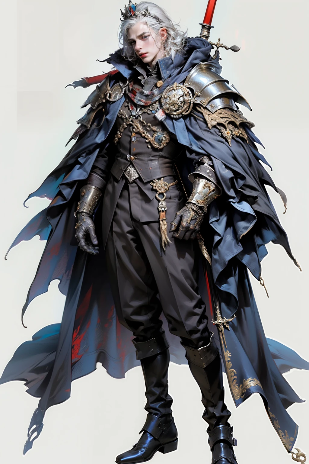 ((best quality)), ((masterpiece)), (detailed), perfect face, a young man wearing a large glorious crown with a huge ethereal cosmic crown looming above him, a knight, white background, plain background, Bloodborne inspired, Bloodborne attire, occult aesthetic, occult, red and white clothing detailed and intricate steampunk and detailed gothic, long coat, Complex laced boots, Silver hair swaying in the wind, white background, Very dramatic and cinematic lighting, full body, whole body, body, cosmic horror, grim dark, large heavy crown
