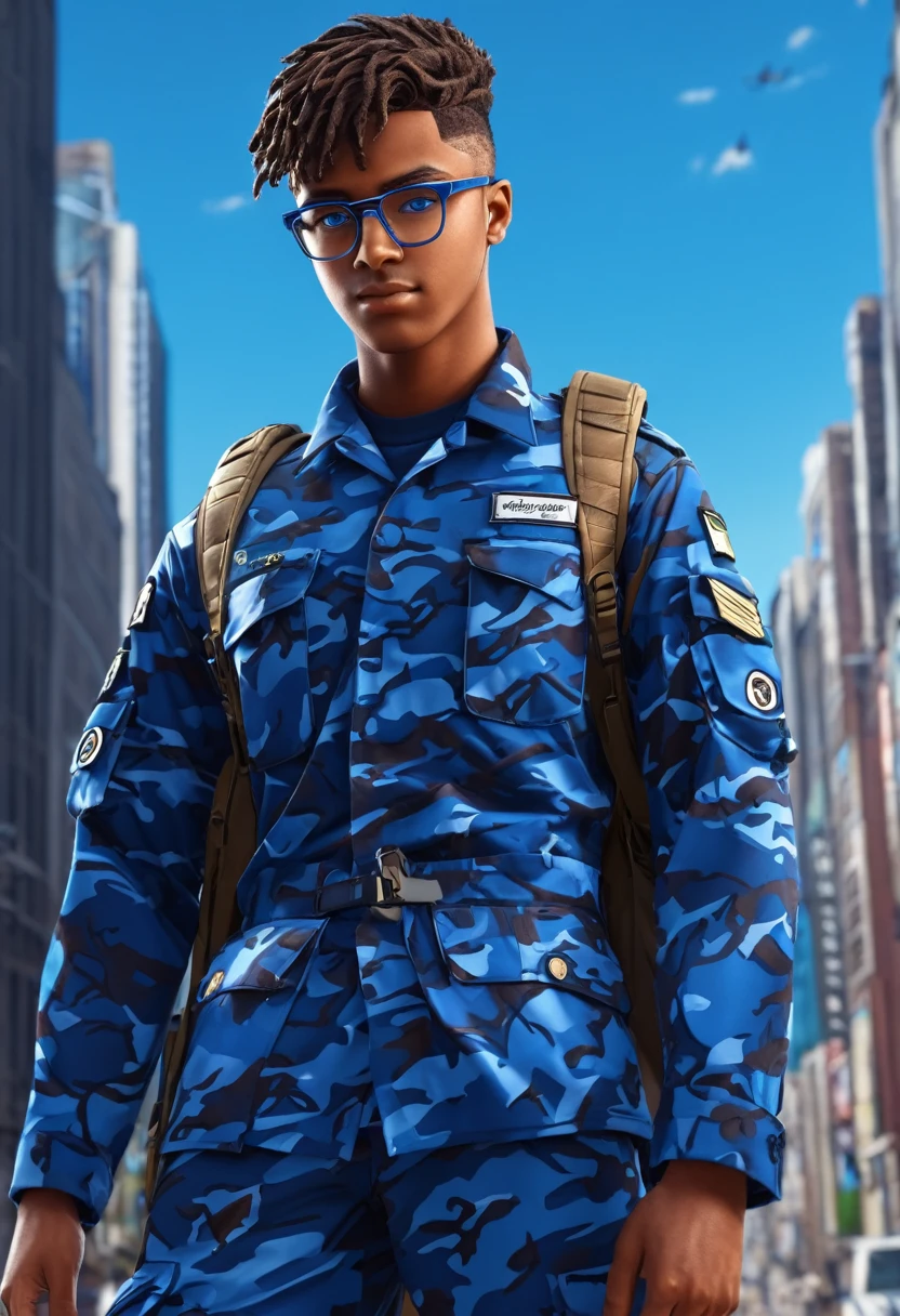 Cool guy, anime style, brown skin, blue eyes, glasses, camo uniform, highly detailed, 4k image, epic style, city background