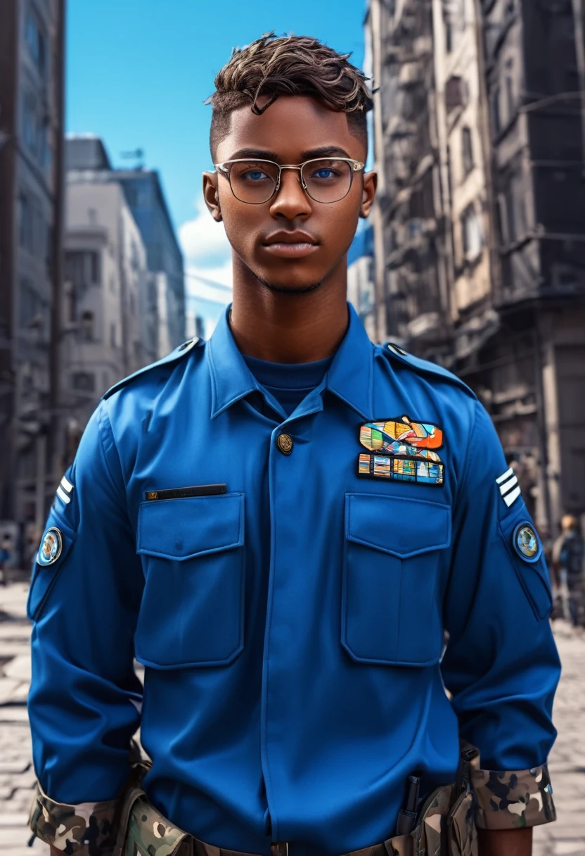 Cool guy, anime style, brown skin, blue eyes, glasses, camo uniform, highly detailed, 4k image, epic style, city background