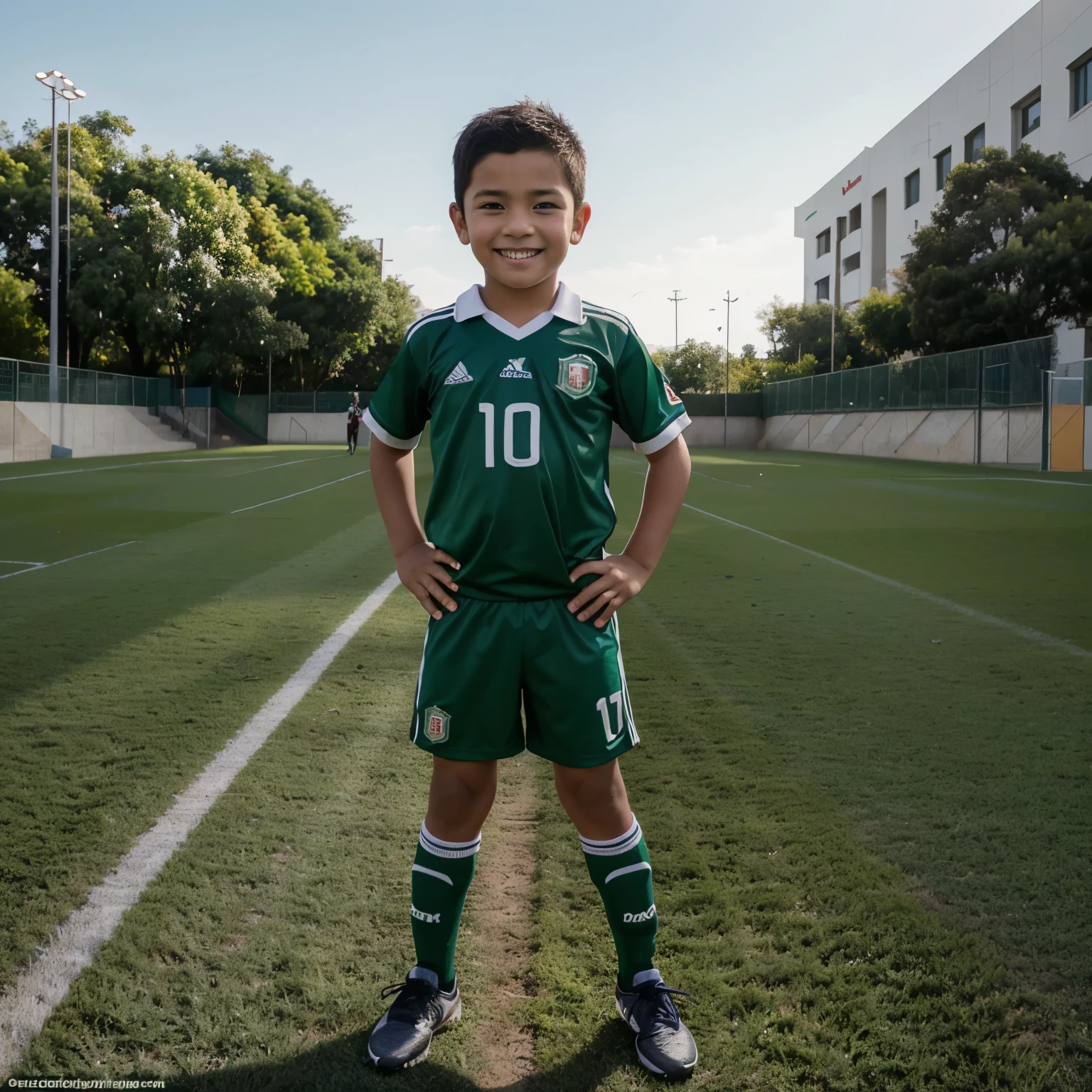 You could create a hyper-realistic photograph of the full body of a 6-year-old boy wearing a sports uniform of the Mexican national team soccer team.. the  must be posing towards the camera, con una sonrisa .
