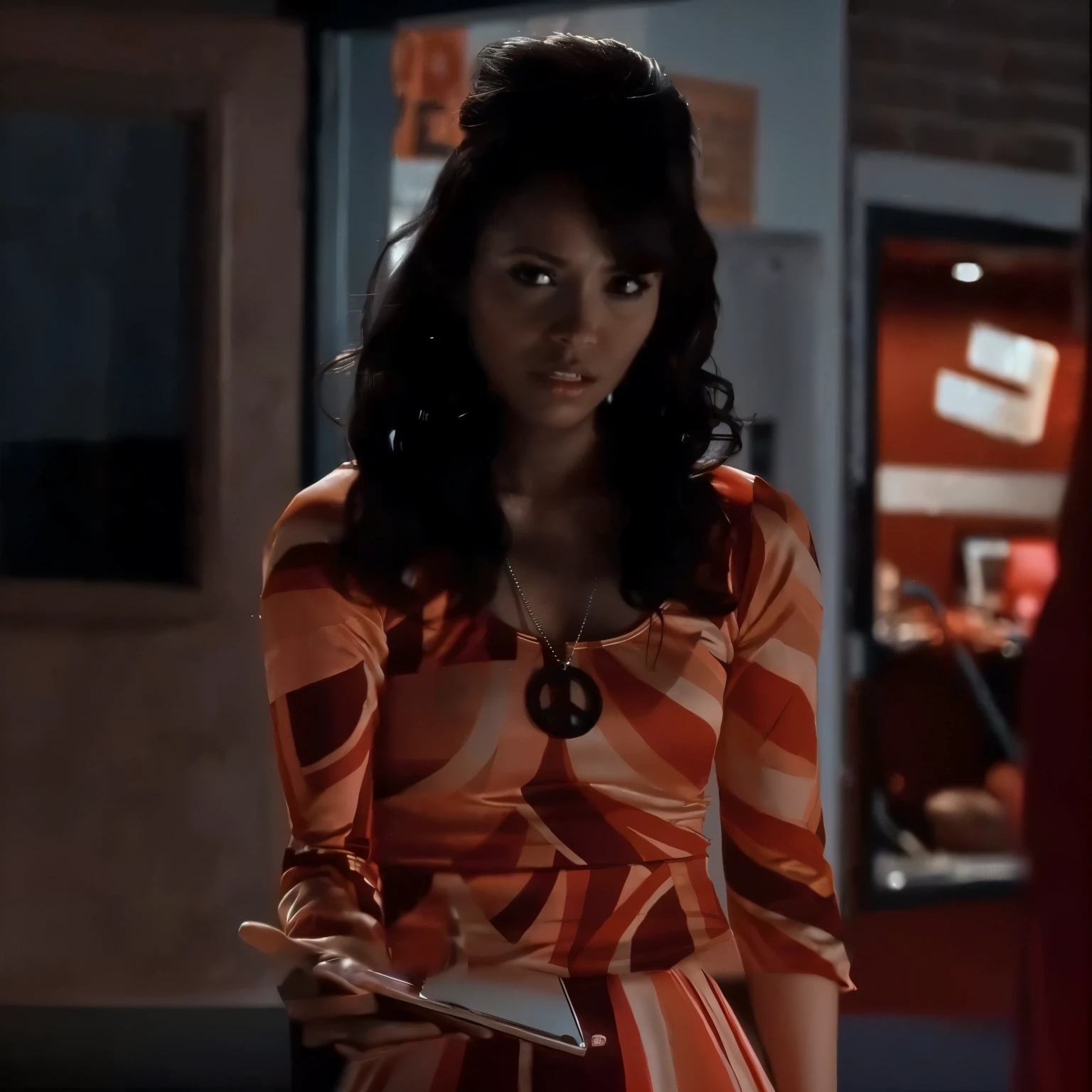 a close up of a woman in a dress holding a cell phone, olivia pope, in pulp fiction 1 9 9 4, movie screencap, her hair is on fire, in this ominous scene, 2009, 2 0 0 9, promo still, but a stern look about her, still image from tv series, intense smoldering, her wardrobe is attractive