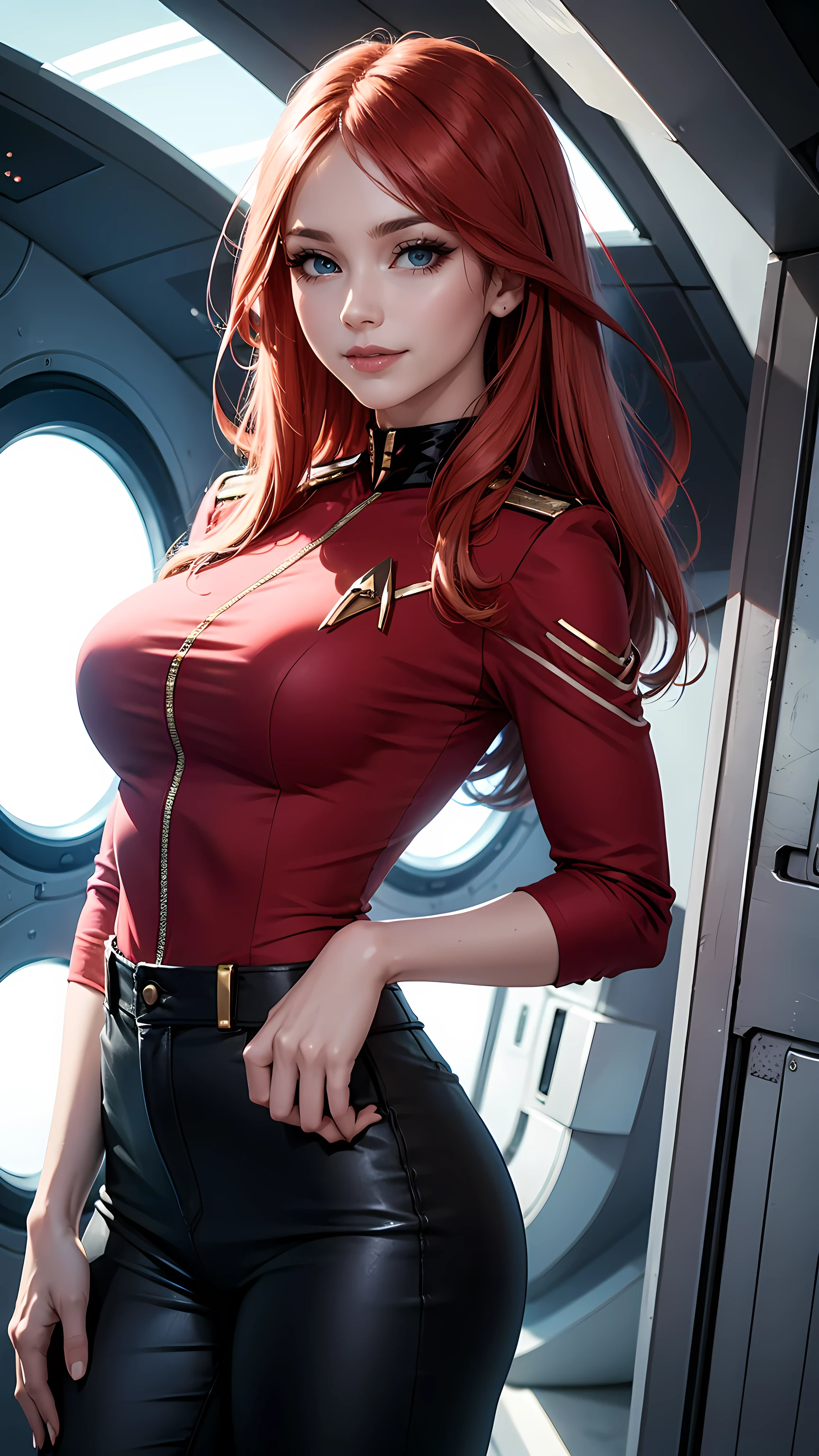 Beautiful hair woman is shown to have a sexy figure, She is wearing classic star trek red uniform, red shirt, black pants, jewelry, she has blue eyes, smile tease look, Girl standing on a command bridge of a starship, poseing, portrait, superior quality, many details, realistic