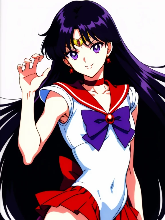 Sailor Mars、Anime Boy、Cool anime boys、gender change、gender change(Girls to boys)、Sailor Senshi Uniform、Rei Hino、solo、Red sailor collar、Blue bow tie、skirt、Boy with very long black hair、rating:safe、Flames around him、a red skirt、Magical Boy、a red choker、White leotard、highleg leotard、robe blanche, traditional_media、fire、marker_(medium)、neck、burning、upper_body、elbowgloveakeup、jewelry、circlet、looking_at_viewer、white glove、eyeslashes、lips、smile、flame、a miniskirt、pleatedskirt、collarbone、Bare shoulders、banguscular men、earrings、Boy with Purple Eyes、Boy with Black Eyeulticolored_background、covered_navel、(1990's\(styles\):0.9)、
