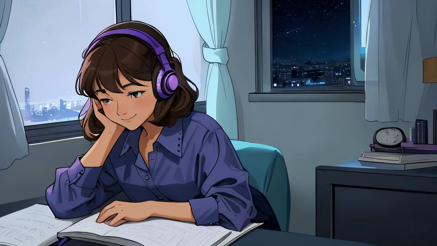 wide angle far away webcam view of 12 year old Spanish girl with small green eyes and bob light brown hair, light olive skin, wearing simple violet patterned shirt, listening to relaxing music with tiny purple headphones, reading and writing on a tiny hand-sized journal, looking down at her book, smiling with her eyes half closed, looking away from camera, sitting at her desk near her bed in her large messy modern blue themed bedroom on the 42nd floor. Late at night with very dark starlit dark sky and a bit of the futuristic city view outside the small window. her tiny hedgehog pet nearby. clear images and detailed foreground.