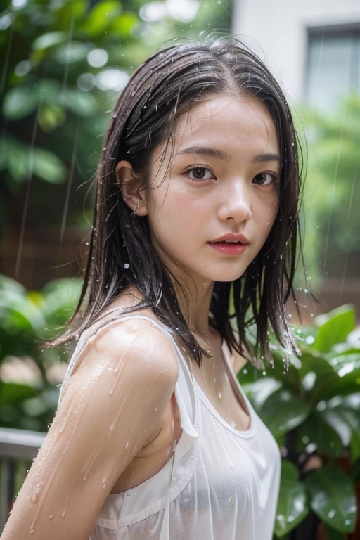 (Best quality, 4k, Masterpiece :1.3), pretty woman, 1girl, sexy :1.1, dark brown hair: 1.1, (rainy wet, wet from rain, wet body :1.2), white tank tops, ultra-detailed face, detailed lips, detailed eyes, double eyelid
