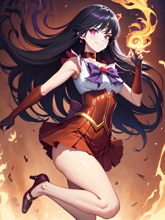 masterpiece, best quality, 1girl, sama1, (tiara), star choker, elbow cyber gloves, (pleated skirt:1.1), bare legs, purple bow, red cyber suit, futurist, neon, heroic pose, mars background, black long hair, looking at viewer (dynamic pose), smiling, flying, hand with fire, (glowing eyes:1.18)