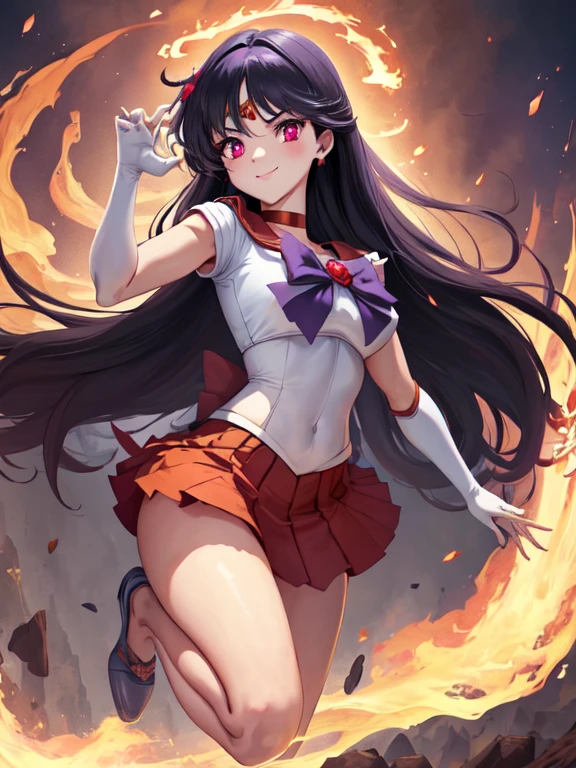 masterpiece, best quality, 1girl, sama1, (tiara), star choker, elbow cyber gloves, (pleated skirt:1.1), bare legs, purple bow, red cyber suit, futurist, neon, heroic pose, mars background, black long hair, looking at viewer (dynamic pose), smiling, flying, hand with fire, (glowing eyes:1.18)