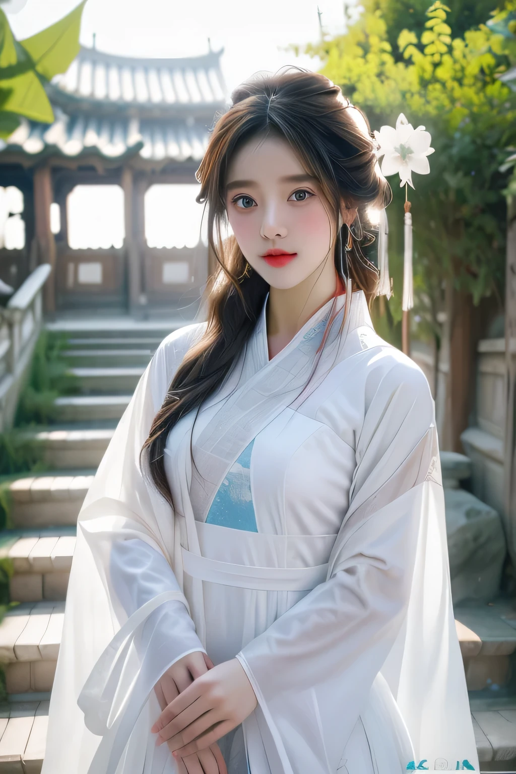 (Masterpiece), (best quality), raw photos, girl, Hanfu, white Hanfu, simple Hanfu, stand, white flower background, stairs, outdoor