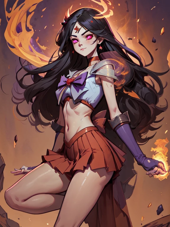 masterpiece, best quality, 1girl, sama1, (tiara), star choker, elbow cyber gloves, (pleated skirt:1.1), bare legs, purple bow, red cyber suit, futurist, neon, heroic pose, mars background, black long hair, looking at viewer (dynamic pose), smiling, flying, hand with fire, (glowing eyes:1.18)
