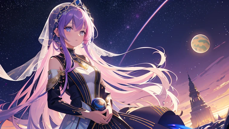 Starfield, nightsky, moons, alien planets, floating in space, sunsystem, solar system, asteroid belt, aurora, nebula, galaxy, 1girl, beautiful alien princess, long hair, glittering pink purple streaked hair, celtic braid, medium breasts, glittering eyes, black blue heterochromia eyes, royal embroidered gown, bridal veil, futuristic,