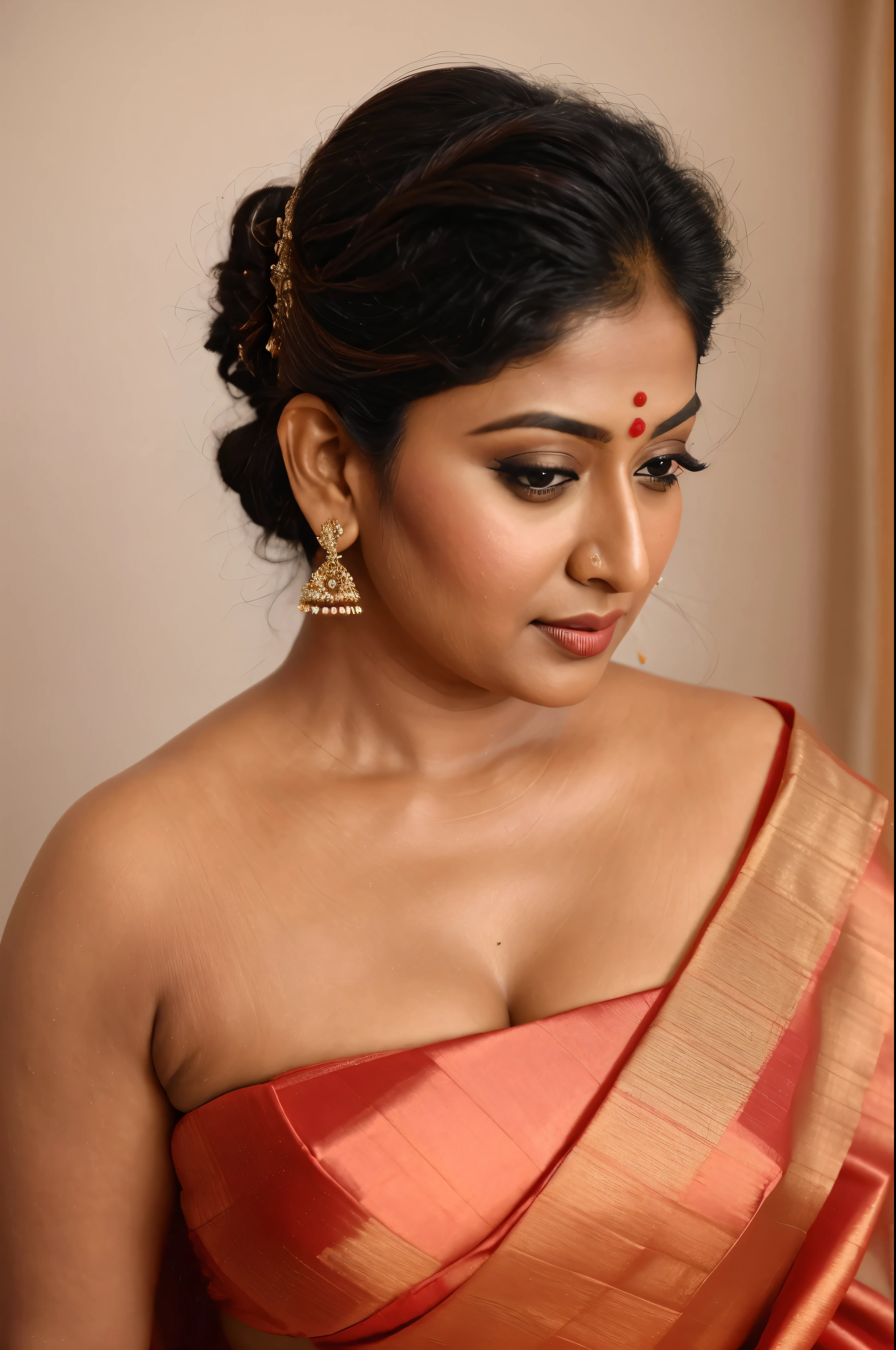 Wearing a sexy satin saree with strapless Bra, sexy Indian housewife, Looks like Indian Actress Nayanthara, actress Nayanthara, mallu, mallu aunty, desi aunty, full figured mature beauty,  sweaty skin , shining skin, sweat, attractive figure, 48 years old, spicy hot, desi milf, desi aunty, a close up of a woman in a red dress in a bedroom, inspired by Avigdor Arikha, sleek!!!, indian super model, wavy hair combed to one side, actress, by Jitish Kallat, smoldering, intense smoldering, fashion, an angel, print ready, with a dramatic looking, inspired by Sudip Roy, seductive look, sexy Saree queen, sexy Saree fashion, seductive Saree,  wear saree, sizzling hot Beauty, red juicy lips, detailed armpits, 