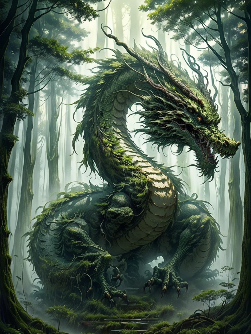 high resolution, masterpiece, RAW, hyper stylized , 8k resolution, hdr, ultra detailed, forest clearing, grassy fields, dragon, dragon ahead, heavy fog, ground cover, detailed foliage, dark fantasy style