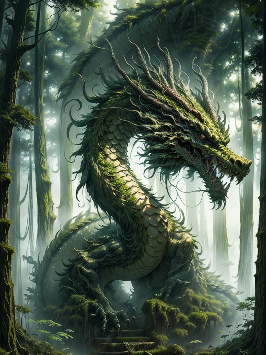 high resolution, masterpiece, RAW, hyper stylized , 8k resolution, hdr, ultra detailed, forest clearing, grassy fields, dragon, dragon ahead, heavy fog, ground cover, detailed foliage, dark fantasy style