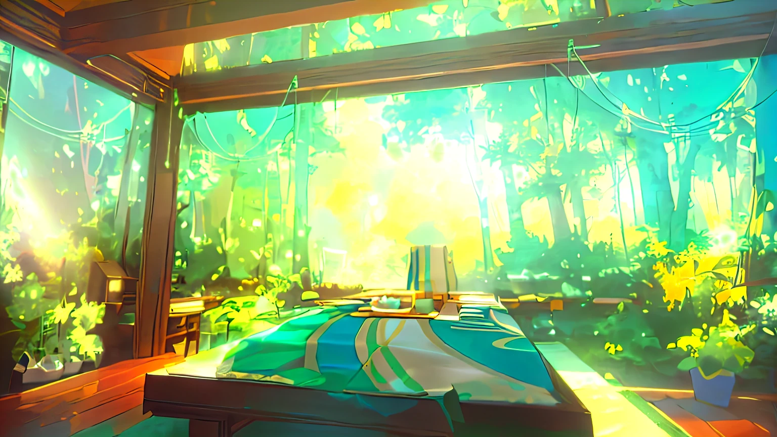 there is a room with a table and a window with a view of a forest, colorful anime movie background, art conceptuel coloré, style artistique ufotable, art conceptuel relaxant, style artistique de studio ufotable, anime luxuriant john 8k bois, cozy cafe background, 3D stylized scene, animated background art, capture d&#39;Écran du PC, art conceptuel de paysages d’anime, Dreamy psychedelic anime
