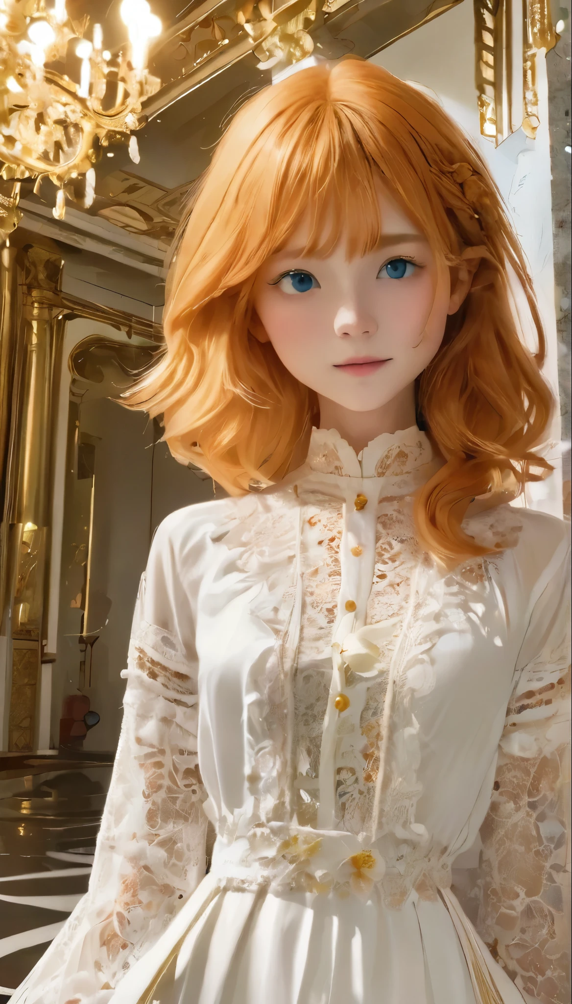 highest quality、masterpiece:1.2、超detailed、Realistic:1.37、Ultra-high resolution、RAW Photos、Realistic、One Girl、Perfect Anatomy、正Shii人体描写、Physically Based Rendering、Bioluminescent Crystals、淡く光る美Shii女性:1.5、detailed_face_Eye、Orange Hair、Semi-long hair、Messy Hair、White lace outfit、女god、god々Shii、Random pose、Concept Artist、Bright and vibrant colors、Dreamy lighting、Pale colors、(((背景はgod殿、White luxury mansion、Baroque architecture、god殿が背景:1.2、豪華絢爛のgod殿:1.3、女god降臨)))、Blurred Background、Unreal Background、