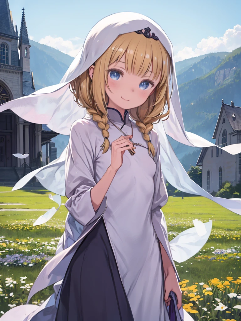 masterpiece、highest quality、High resolution、Very detailed、Girl、Small breasts、Nunonastic Clothes、Boneyard、blonde、Blue Eyes、Veil、An innocent smile、laughing、outside、church、Flower Field、Put your hands together、Cross Necklace、Clothes fluttering in the wind、With the kids、