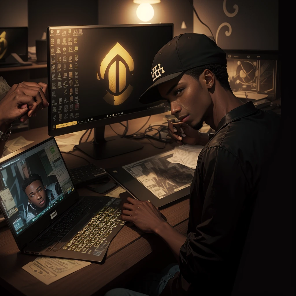 Young black man in a money hacker cap with dollar bills around him 