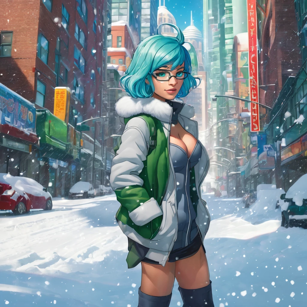 best quality,ultra high res,1girl,solo,full body,snow,city,, blue hair,green eyes,jk, titfuck futurama