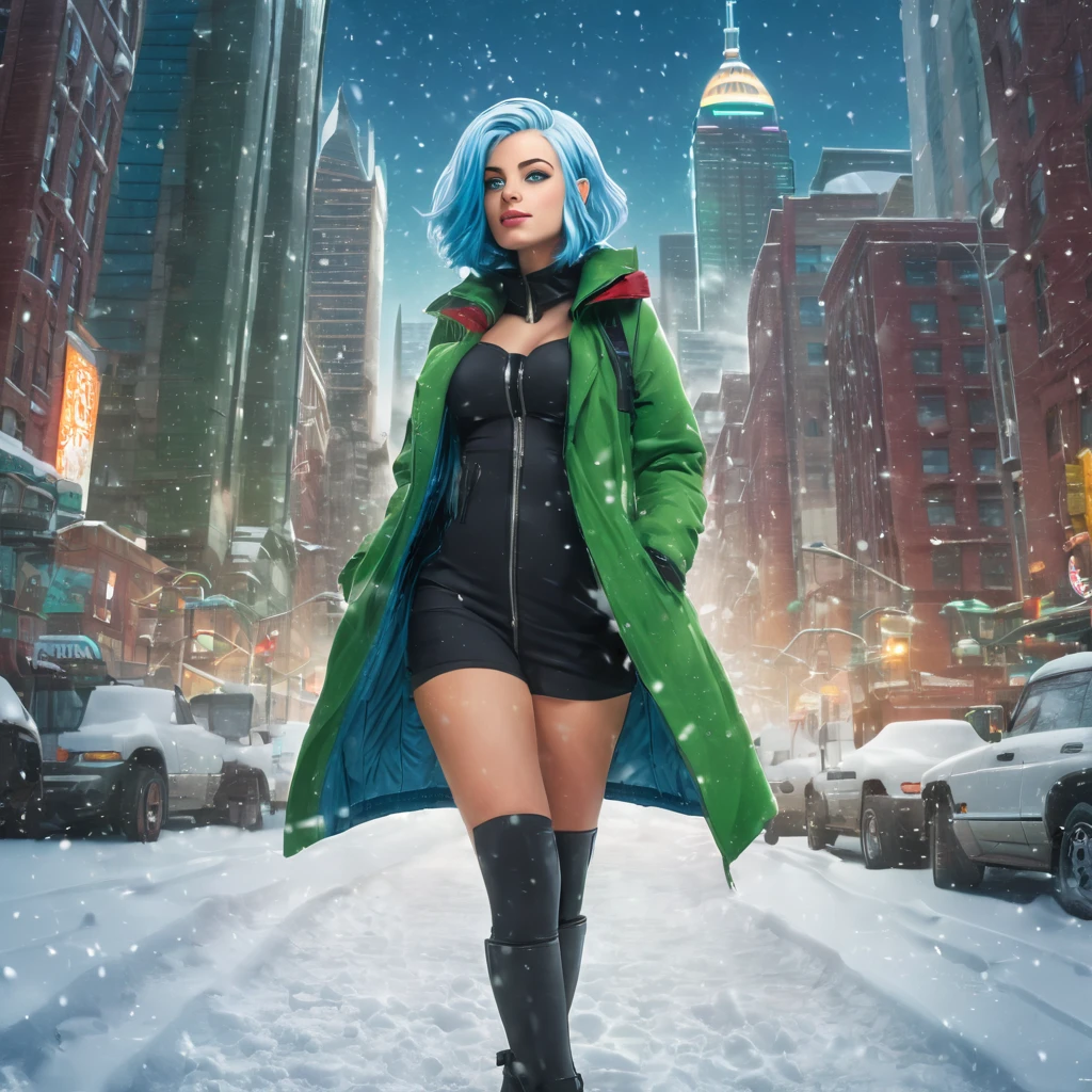 best quality,ultra high res,1girl,solo,full body,snow,city,, blue hair,green eyes,jk, titfuck futurama