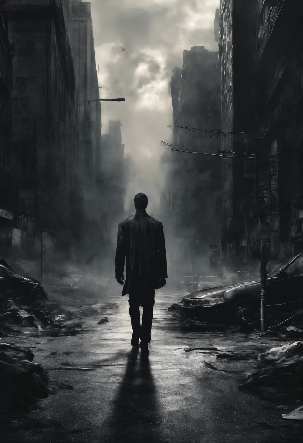 (melhor qualidade, Altas, artistic masterpiece, realista:1.2), atmosfera sombria e misteriosa, Young man walking on sidewalk with moving cars in a city, Strangely poetic, Psychological dissection, Conceptual exploration