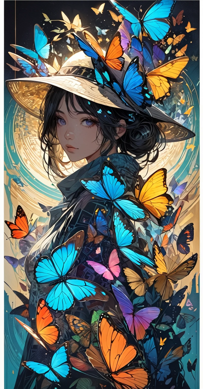 masterpiece,best quality,mysterious silhouette woman with hat,by Minjae Lee,Carne Griffiths,Emily Kell,Steve McCurry,Geoffroy Thoorens,Aaron Horkey,Jordan Grimmer,Greg Rutkowski,amazing depth,double exposure,surreal,geometric patterns,intricately detailed,bokeh,perfect balanced,deep fine borders,artistic photorealism,smooth,great masterwork by head of prompt engineering,Many colorful butterflies flying up,Fantastic clothing