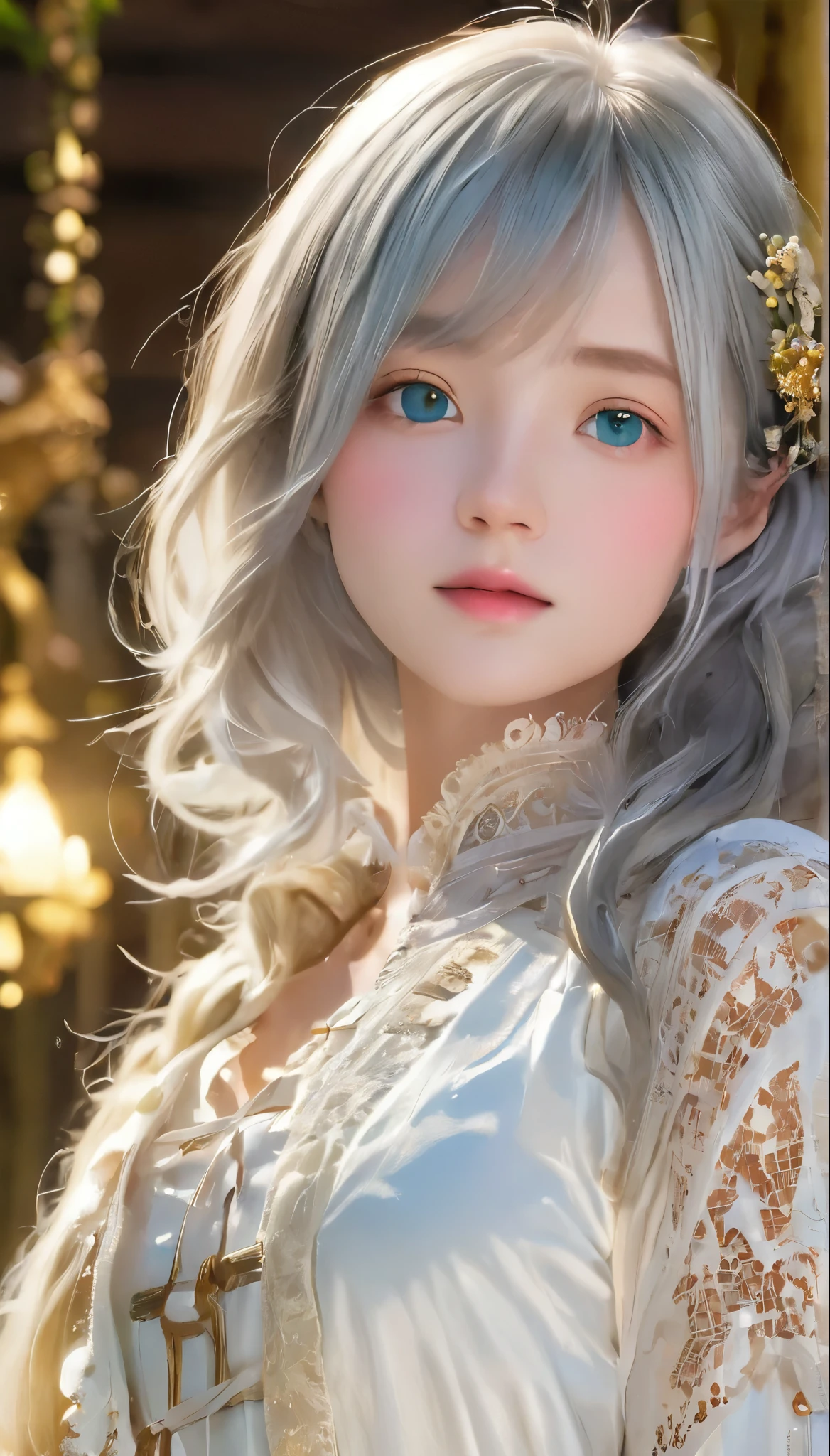 highest quality、masterpiece:1.2、超detailed、Realistic:1.37、Ultra-high resolution、RAW Photos、Realistic、One Girl、Perfect Anatomy、正Shii人体描写、Physically Based Rendering、Bioluminescent Crystals、淡く光る美Shii女性:1.5、detailed_face_Eye、Grey hair、Semi-long hair、Messy Hair、White lace outfit、女god、god々Shii、Random pose、Concept Artist、Bright and vibrant colors、Dreamy lighting、Pale colors、(((背景はgod殿、White luxury mansion、Baroque architecture、god殿が背景:1.2、豪華絢爛のgod殿:1.3、女god降臨)))、Blurred Background、Unreal Background、