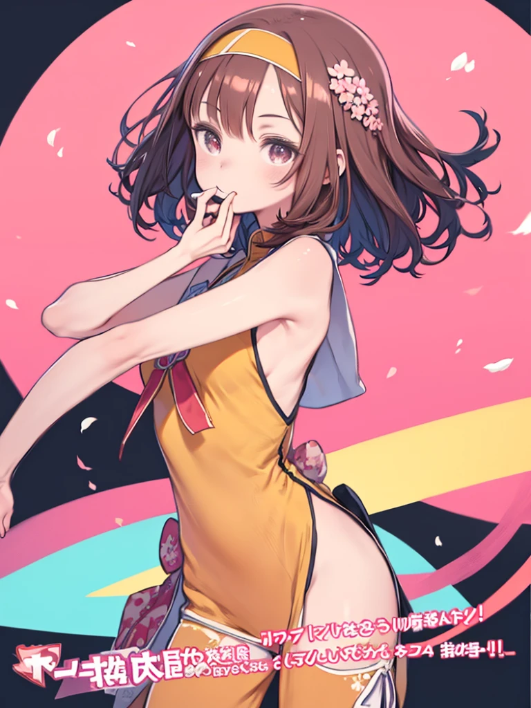 One girl, woman, alone, Young people, Medium Hair Length, Soft Wave, Brown Hair Color, pink highlights in hair, Dark brown eye color, Happy expression, pink chinese clothes, Yellow sleeves, Green Pants, pink headband, Blade Headband, Cowboy Shot, pink, cyan, Cherry blossom background, Outdoor, peach, eating peach, Dynamic pose, facing right, Dancing, dancerの衣装, dancer,