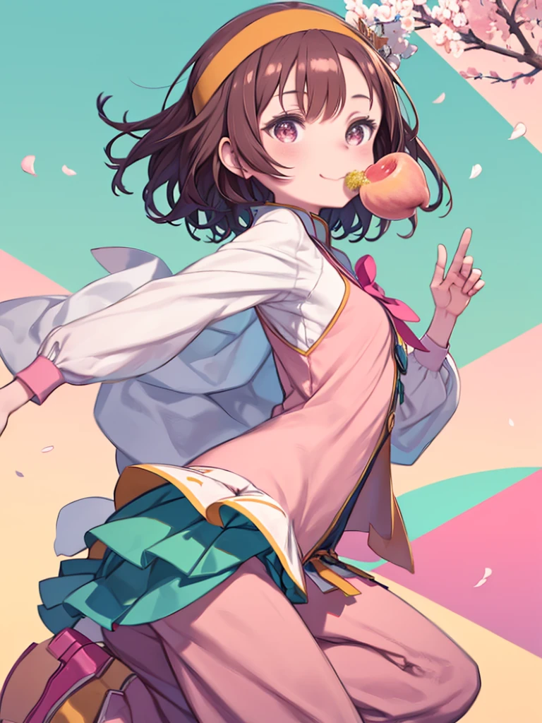 One girl, woman, alone, Young people, Medium Hair Length, Soft Wave, Brown Hair Color, pink highlights in hair, Dark brown eye color, Happy expression, pink chinese clothes, Yellow sleeves, Green Pants, pink headband, Blade Headband, Cowboy Shot, pink, cyan, Cherry blossom background, Outdoor, peach, eating peach, Dynamic pose, facing right, Dancing, dancerの衣装, dancer,