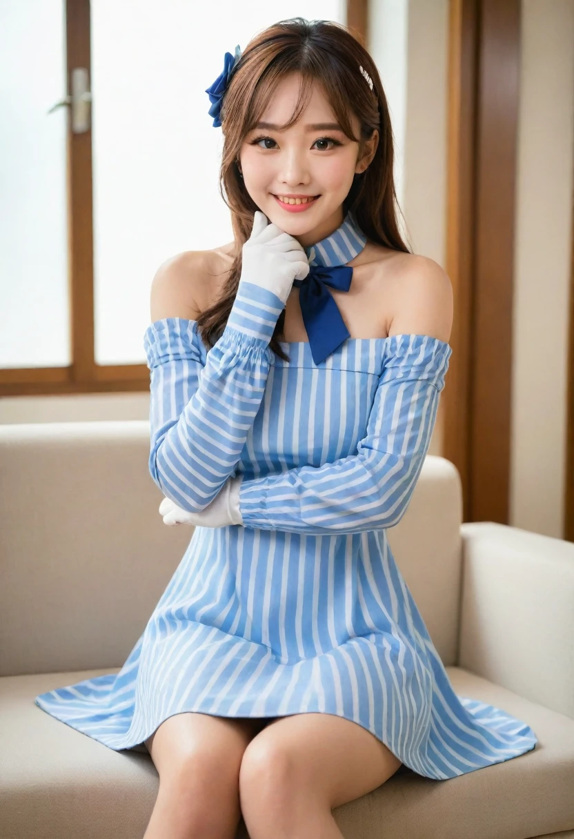 masterpiece, Best quality,, tok chan (umamusume), smile, sitting,, Vertical striped dress, bare shoulders, from the shoulder, closed mouth, Long sleeves, collared dress, gloves, with your own hands together, Hands on chin,, Upper body,,