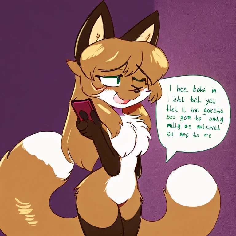 Nervous smiling, uploaded the e621, simple background, beautiful and detailed, woman (((female))) ((anthro)) Fox, (Averi, Fox girl), cinematic lighting, Fox, (anthro, fluffy fur, character focus:1.1), 1girl, anthro fox girl, body fur, curvy, sexy, nice, cute, hot, sassy, sassy hips, speaking, comfortable anime-style cartoon-style, digital drawing, (half-closed eyes), green eyes, SFW, flat chest, phone, talking on a phone, speech bubble