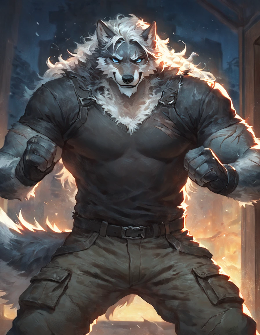 (solo), male anthro wolf, solo, masterpiece, best art, detailed hands, detailed eyes, night, bedroom, scars, anime newest artstyle, extreme detail, long messy white hair, dark grey body, white underside, icy blue eyes, standing, fingerless gloves, beard, muscular, masculine, bulky, smiling, fighting stance, badass, cargo pants, black tight shirt