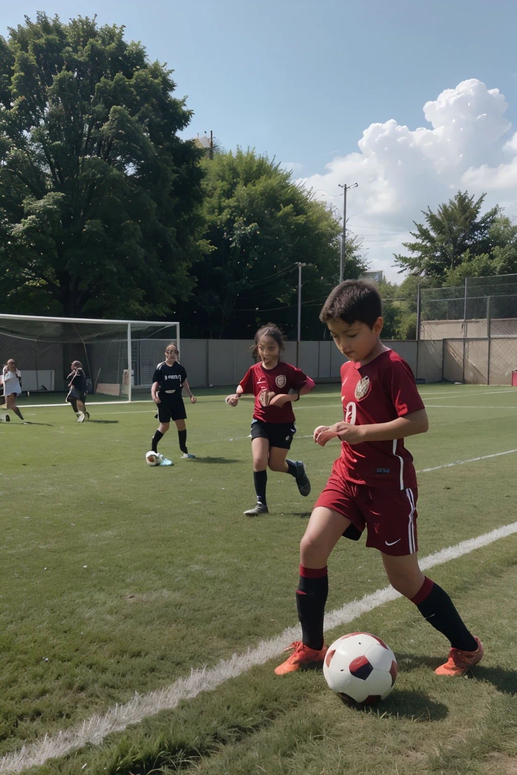 I need a full-body image of some children playing soccer on a synthetic grass field.