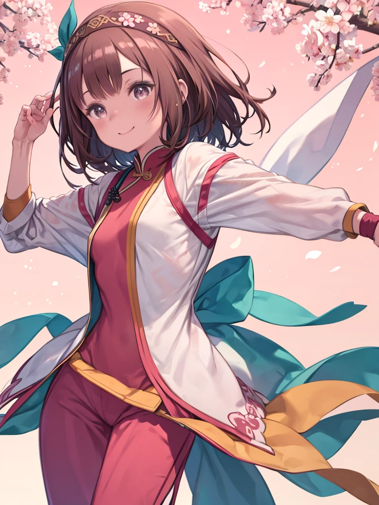 One girl, woman, alone, Young people, Medium Hair Length, Soft Wave, Brown Hair Color, pink highlights in hair, Dark brown eye color, Happy expression, pink chinese clothes, Yellow sleeves, Green Pants, pink headband, Blade Headband, Cowboy Shot, pink, cyan, Cherry blossom background, Outdoor, peach, Dynamic pose, facing right, Dancing, dancerの衣装, dancer,