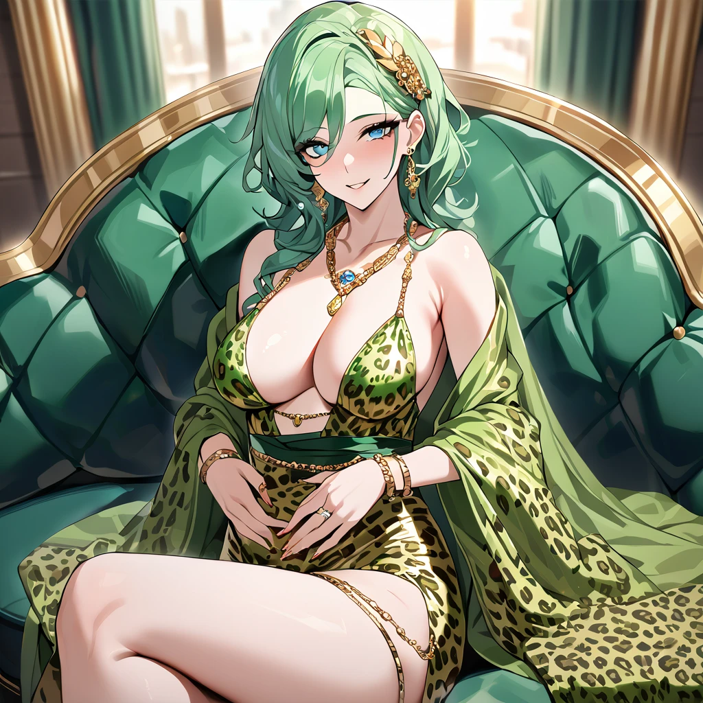 ((highest quality)), ((masterpiece)), (detailed), (Perfect Face)、((The woman is Lydia with blue eyes and lightly wavy, asymmetrical long green hair.))、She is wearing a gold hair accessory, a gorgeous headdress chain, a gorgeous necklace, gorgeous earrings, gorgeous bracelets, a gorgeous waist chain, an engagement ring, and is pregnant.、The woman is wearing a shiny gold leopard print dress with a long slit, her entire outfit is gold leopard print with shiny edges, long boots with fur, and a furry leopard print cape.、The woman is smiling happily as she sits on a plush sofa in a luxurious room, snuggling up to a muscular black man.、The burly black guy has an engagement ring, a big fat dick and big balls、A burly black man is sitting on a luxurious sofa, embracing a woman and making love to her