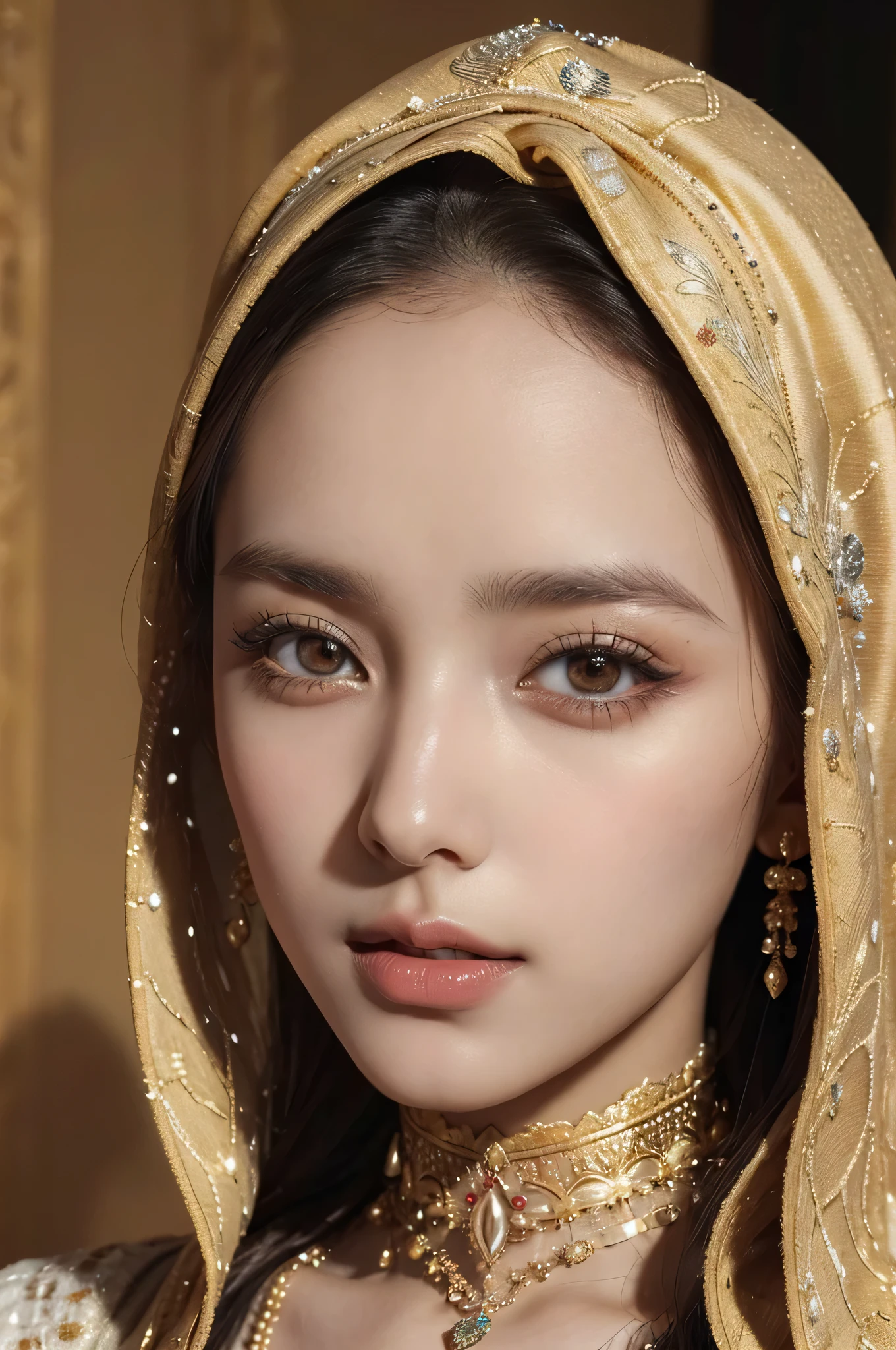a detailed detailed portrait of a young woman in traditional saudi arabian clothing, beautiful detailed eyes, beautiful detailed lips, extremely detailed eyes and face, long eyelashes, headscarf, traditional jewelry, ornate patterns, warm lighting, golden hour, cinematic composition, highly detailed, photorealistic, 8k, best quality, (masterpiece:1.2), (realistic:1.37)