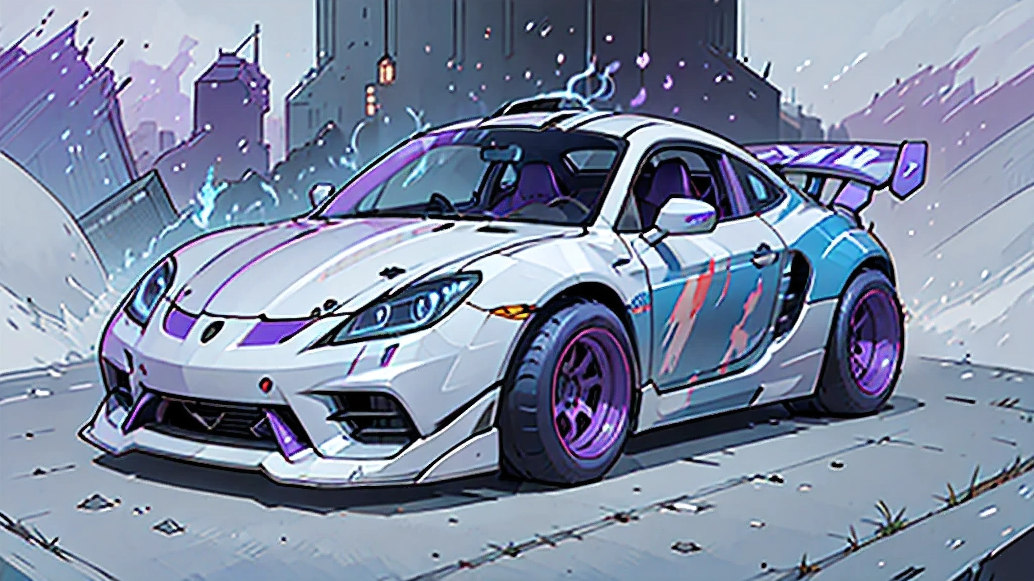 racing car( white, blue and purple colors), espiritual design car, flaming espiritual blue fire in wheels, racing car, anime car, racing anime car, spiritual fire in wheels, purple and blue car, perfect draw, details, car details, fulll hd more details