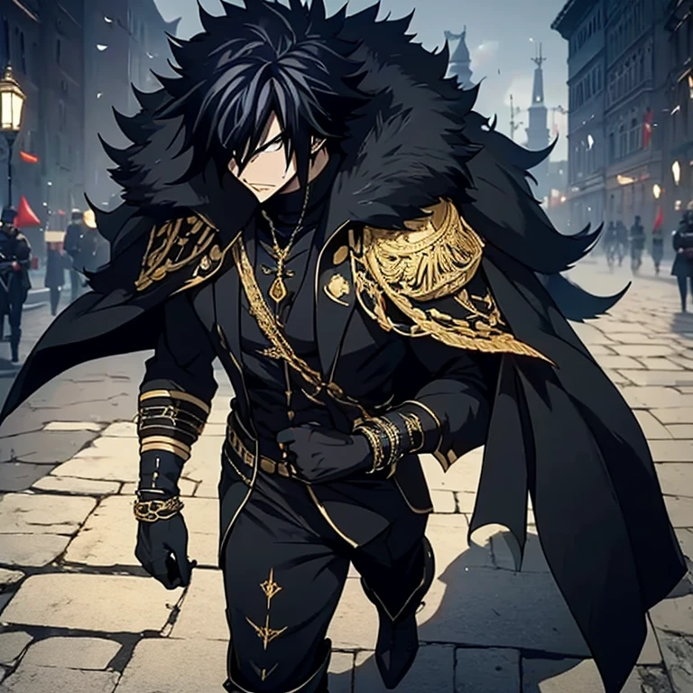 A (((mighty gray Fullbuster))), dressed in an elegant, ((black military attire)) with intricate details, ((gold accents)), sporting a classic Pickelhaube helmet((black helm with gold accents)) and ( (black steel toe boots)), accessorizing with a ((sharp black metal bracelet)) and a luxurious (fur-trimmed cape) slung over his shoulders, exuding a serious demeanor as he walks through a picturesque (Germanic town ).(solo man)