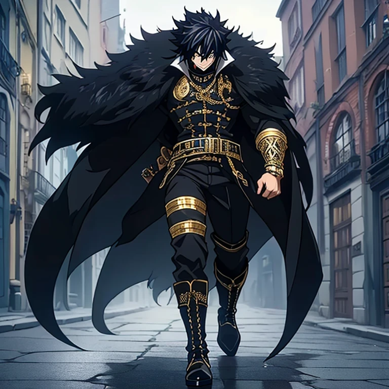 A (((mighty gray Fullbuster))), dressed in an elegant, ((black military attire)) with intricate details, ((gold accents)), sporting a classic Pickelhaube helmet((black helm with gold accents)) and ( (black steel toe boots)), accessorizing with a ((sharp black metal bracelet)) and a luxurious (fur-trimmed cape) slung over his shoulders, exuding a serious demeanor as he walks through a picturesque (Germanic town ).(solo man)