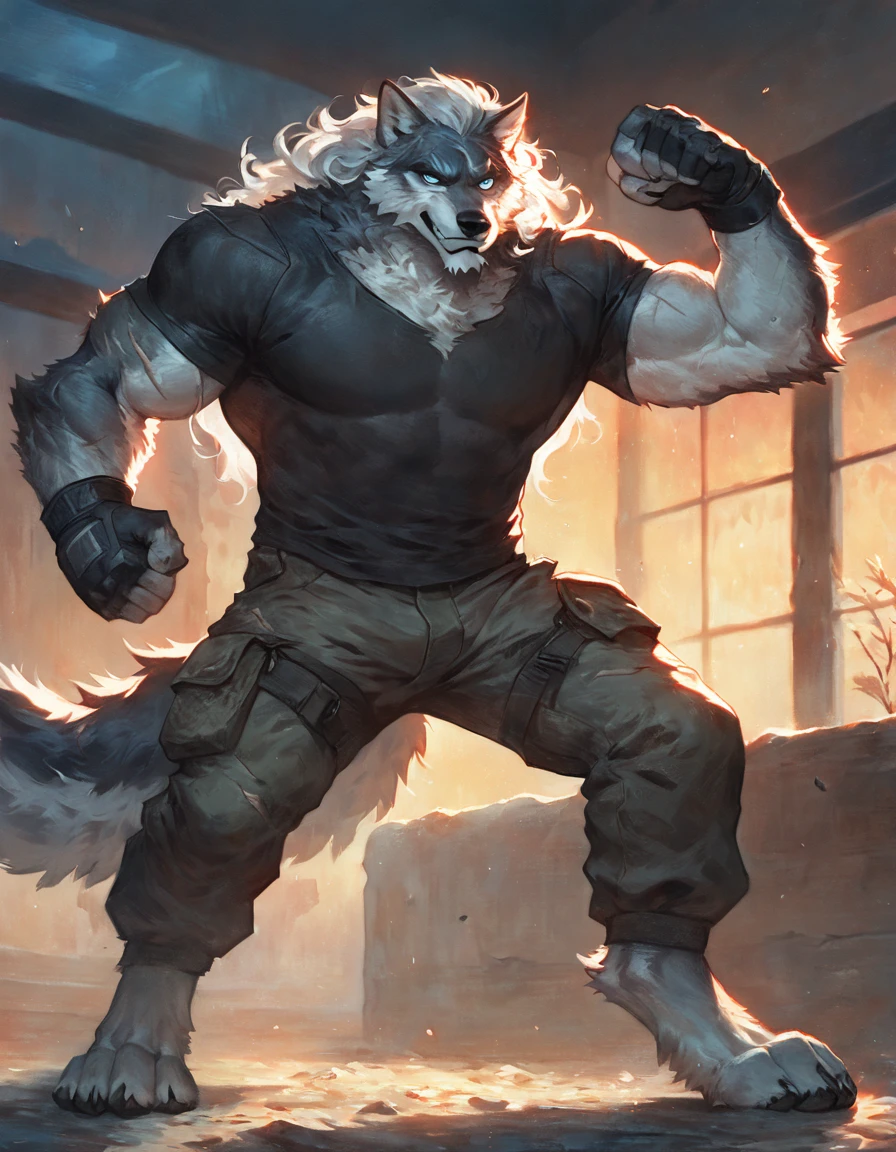 (solo), male anthro wolf, solo, masterpiece, best art, detailed hands, detailed eyes, night, bedroom, scars, anime newest artstyle, extreme detail, long messy white hair, dark grey body, white underside, icy blue eyes, standing, fingerless gloves, beard, muscular, masculine, bulky, smiling, fighting stance, badass, cargo pants, black tight shirt, digitigrade