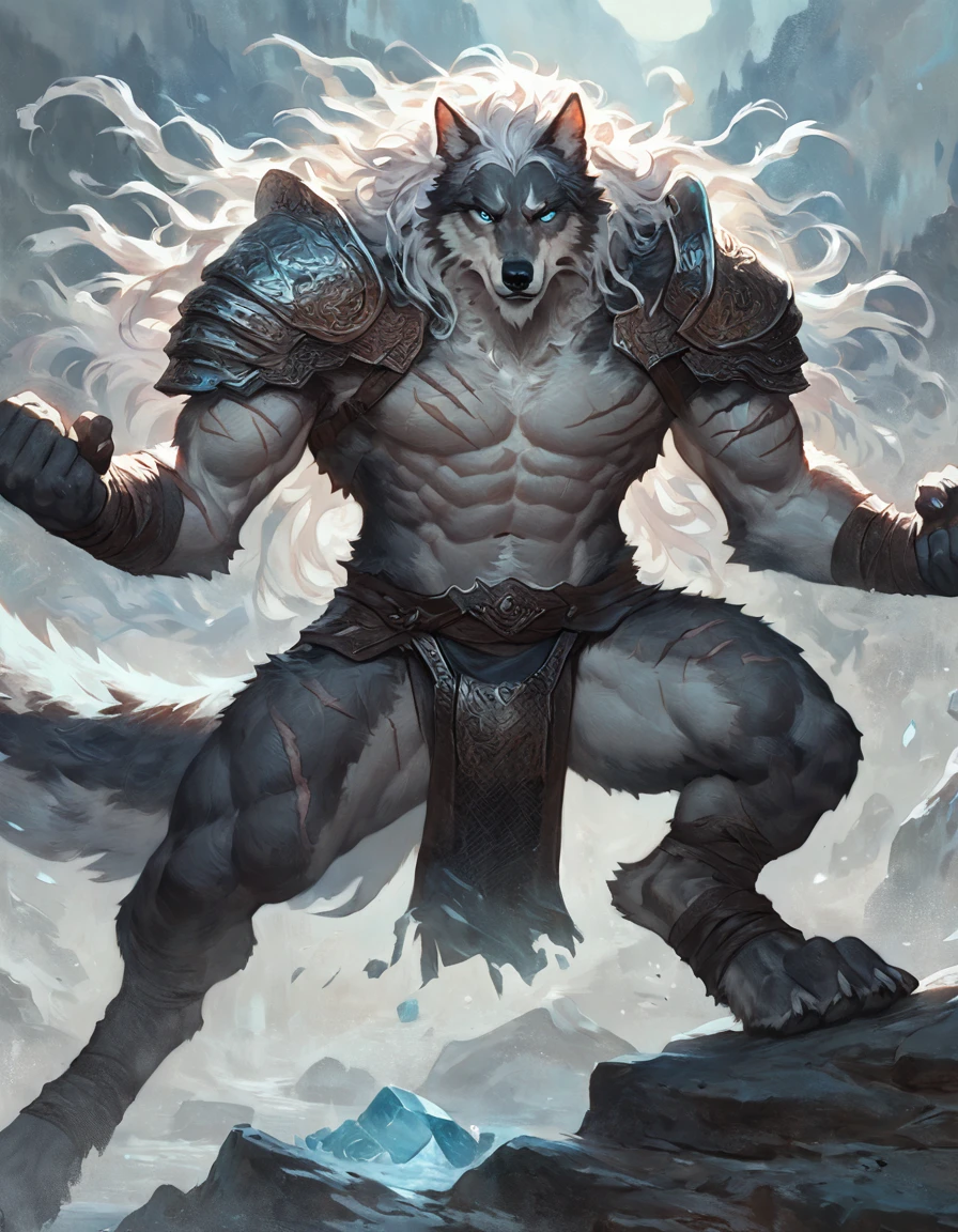 (solo), male anthro wolf, solo, masterpiece, best art, detailed hands, detailed eyes, night, abs, scars, anime newest artstyle, extreme detail, long messy white hair, dark grey body, white underside, icy blue eyes, standing, beard, muscular, masculine, bulky, fighting stance, badass, loincloth, pauldron, digitigrade