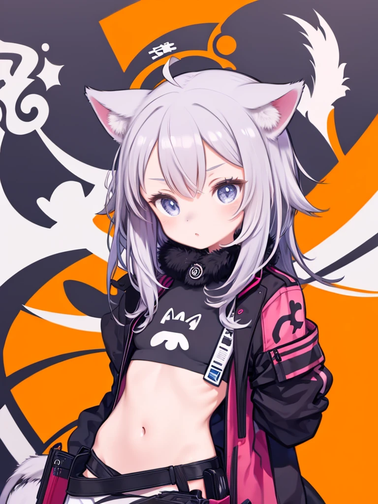 One girl, kemono, Furry, No Shadow, Flat Design, Vector art、Anime girl with long hair and cat ears