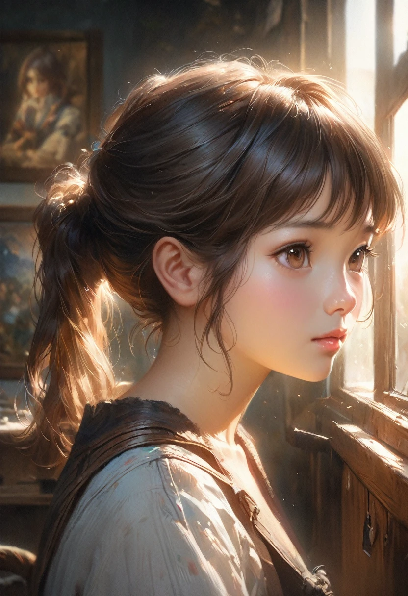 anime girl with a brush and a painting board in front of a window, painted in anime painter studio, realistic picture of a cute girl, beautiful anime portrait, anime. soft lighting, detailed painting 4k, anime realism style, realistic anime artstyle, work in Guweiz style, realistic anime art style, made with anime painter studio, portrait anime girl