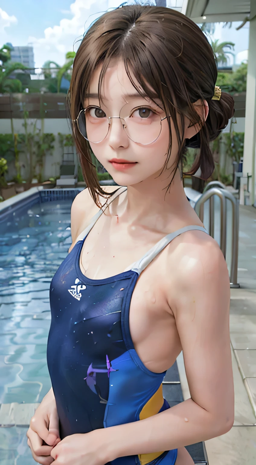 highest quality, RAW Photos, Realistic, face, Incredibly beautiful girl, cute, length Hair,ponytail，Glasses，Written boundary depth, High resolution, Super detailed, detailed, Very detaileded, extremely detaileded eye and face, Sharp pupils, Realistic students, Sharp focus, Cinema Lighting, Japanese, Short Woman,  Physical build, Short arms, length, Narrow eyes, Fleeting atmosphere, 30 years old, Brown bob hair, ((thin lips)), White top and bottom underwear, masterpiece, highest quality, Detailed skin, Detailed face, fine grain, 8k, Excellent anatomy, Upper body portrait，flat breasts, small breasts, small,( small bust: 1.2), small bust, (slim, small, flat, small), thin, Delicate and sexy collarbone, One Girl, (beautiful girl, Delicate girl:1.3), (15 years old:1.3),
break, (One Piece Swimwear, Swimwear:1.2),
break, (Pool:1.3),
break, Very beautiful eyes, (Symmetrical eyes:1.3),
break, , Brown eyes, Parted bangs, Brown Hair, (Upper teeth, The best smile:0.2),
break, (Eyes and face detail:1.0),
break, (masterpiece, highest quality, Super detailed, Detailed face, 8k)