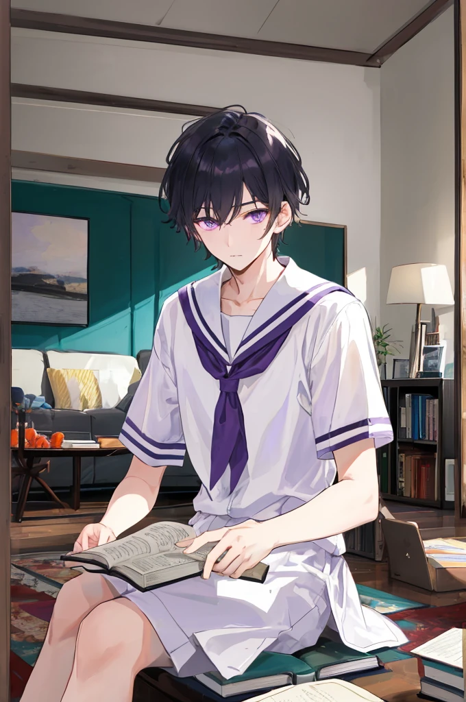 ((man)),Mature,university student,Black short hair,Purple Eyes,White sailor suit,Short sleeve,living room,,Sitting,Looking down at a book,Gentle,