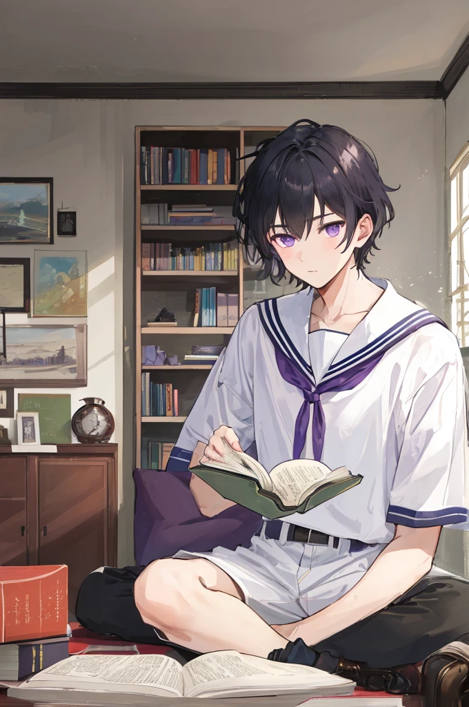 ((man)),Mature,university student,Black short hair,Purple Eyes,White sailor suit,Short sleeve,living room,,Sitting,Looking down at a book,Gentle,