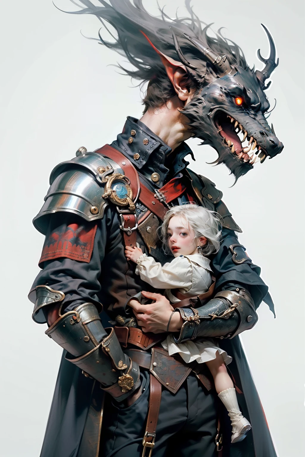 ((best quality)), ((masterpiece)), (detailed), perfect face, a father cradling his , a knight, white background, plain background, Bloodborne inspired, Bloodborne attire, occult aesthetic, occult, red and white clothing detailed and intricate steampunk and detailed gothic, long coat, Complex laced boots, Silver hair swaying in the wind, white background, Very dramatic and cinematic lighting, full body, whole body, body, cosmic horror, grim dark, a father cradling his , father, 
