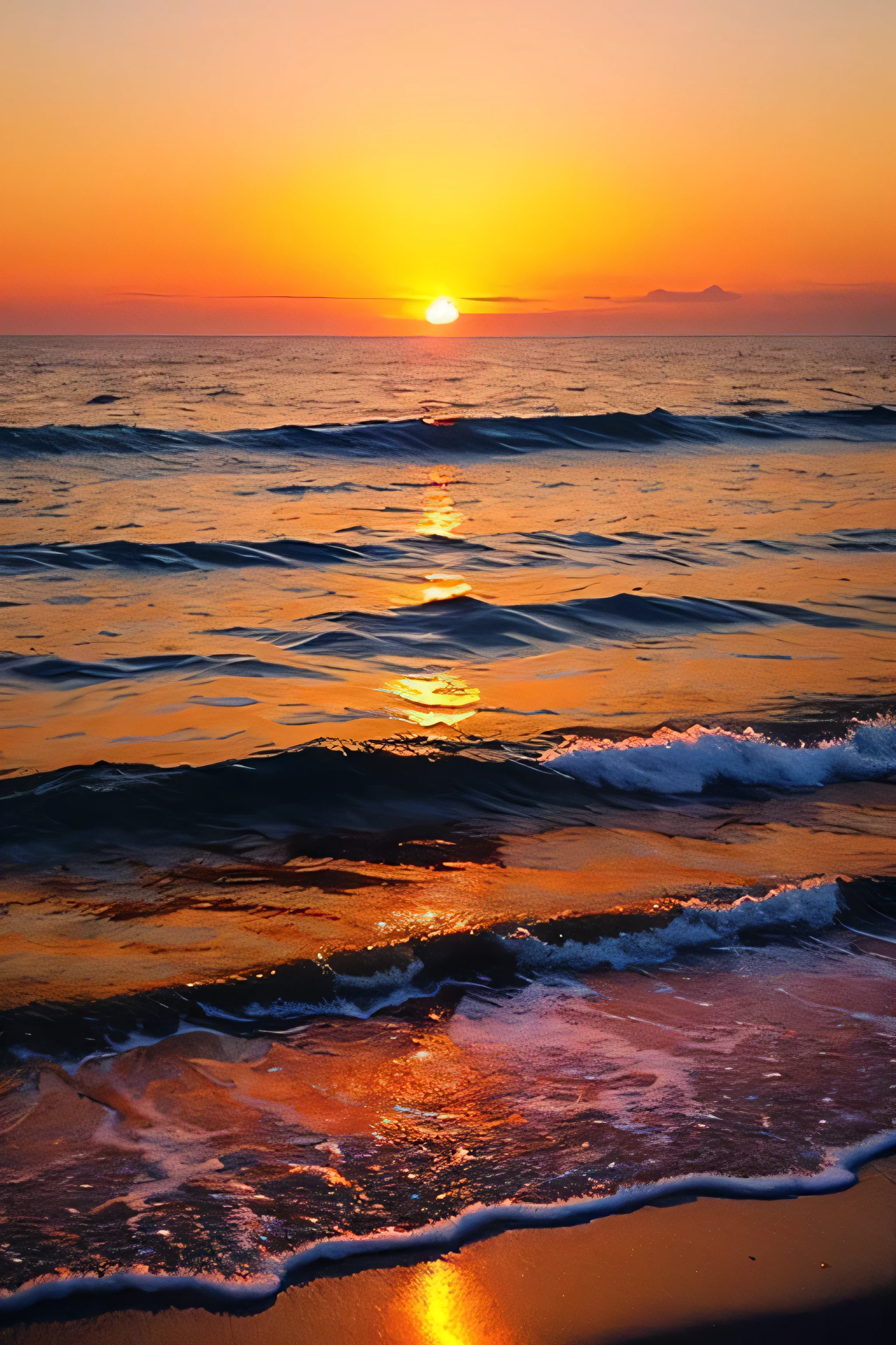 Draw a beautiful sunset over the ocean horizon。The sky is a gradation from deep blue to purple、The sun shines a vibrant red to orange color。As the sun approaches the water、The sky gets darker、I see a faint layer of light on the distant horizon。The ocean waves are calm and、The reflection of the setting sun on the water。This scene has a quiet and peaceful atmosphere.、Highlights the beauty of nature