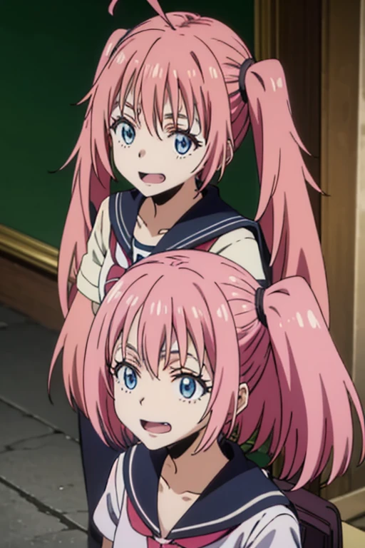masterpiece, highest quality, 高解picture度，Anime Style、Characters from TenSura、picture、whole body　　　　　　　　　　　　Platinum pink hair（Twin tails:20:1）（Ahoge:1:10）、blue eyes、About 10 years old、smile、The double tooth shines、Sailor suit、In town、School bag