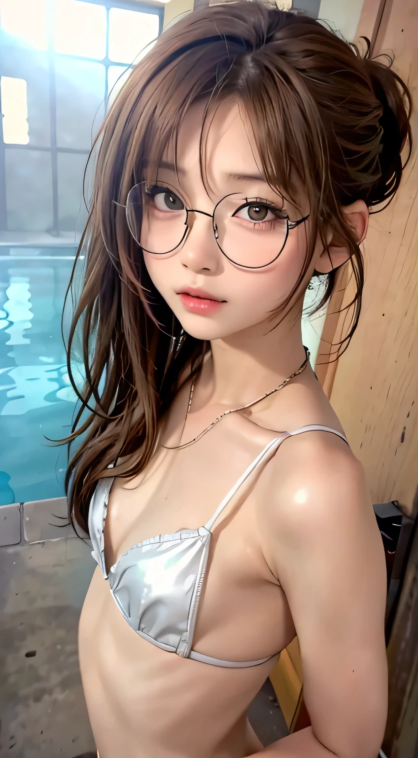 highest quality, RAW Photos, Realistic, face, Incredibly beautiful girl, cute, length Hair,ponytail，Glasses，Written boundary depth, High resolution, Super detailed, detailed, Very detaileded, extremely detaileded eye and face, Sharp pupils, Realistic students, Sharp focus, Cinema Lighting, Japanese, Short Woman,  Physical build, Short arms, length, Narrow eyes, Fleeting atmosphere, 30 years old, Brown bob hair, ((thin lips)), White top and bottom underwear, masterpiece, highest quality, Detailed skin, Detailed face, fine grain, 8k, Excellent anatomy, Upper body portrait，flat breasts, small breasts, small,( small bust: 1.2), small bust, (slim, small, flat, small), thin, Delicate and sexy collarbone, One Girl, (beautiful girl, Delicate girl:1.3), ( years old:1.3),
break, (One Piece Swimwear, Swimwear:1.2),
break, (Pool:1.3),
break, Very beautiful eyes, (Symmetrical eyes:1.3),
break, , Brown eyes, Parted bangs, Brown Hair, (Upper teeth, The best smile:0.2),
break, (Eyes and face detail:1.0),
break, (masterpiece, highest quality, Super detailed, Detailed face, 8k)