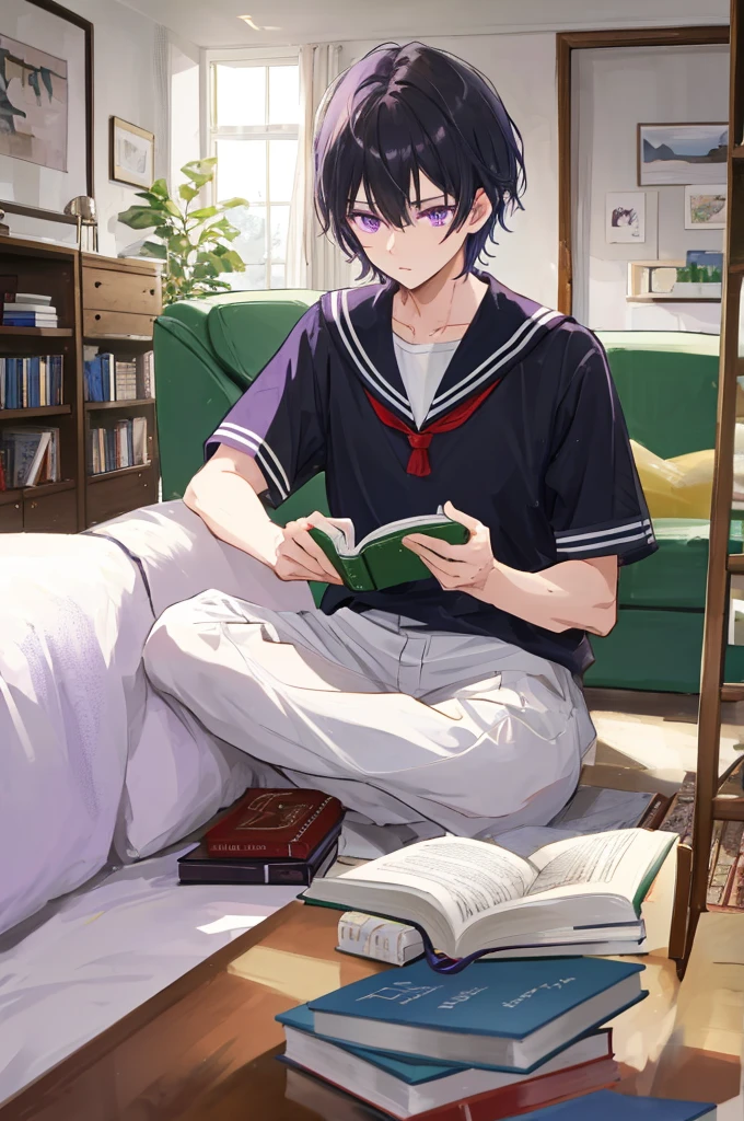 ((man))，Mature，university student，Black short hair，Purple Eyes，White sailor suit，Short sleeve，living room，，Sitting，Looking down at a book，Gentle，